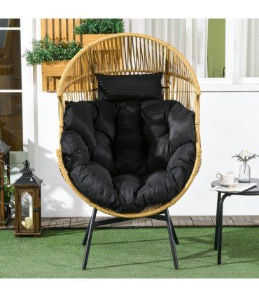 Outsunny Rattan Leisure Chair w/ Cushion, Garden Egg Chair with Headrest, Sand