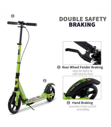 HOMCOM Teens Adult Kick Scooter Fold Adjust 14+ w/ Dual Brake System Green