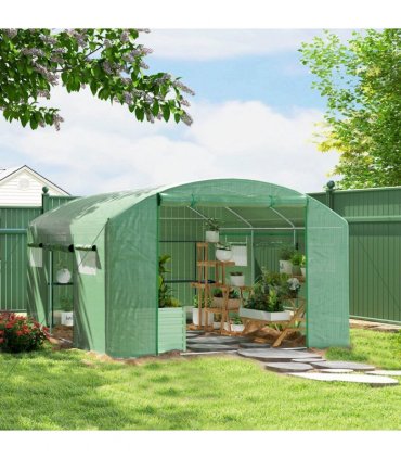 Outsunny Polytunnel Greenhouse with 3 Roll-up Doors, 4 x 3 x 2m, Green