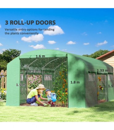 Outsunny Polytunnel Greenhouse with 3 Roll-up Doors, 4 x 3 x 2m, Green