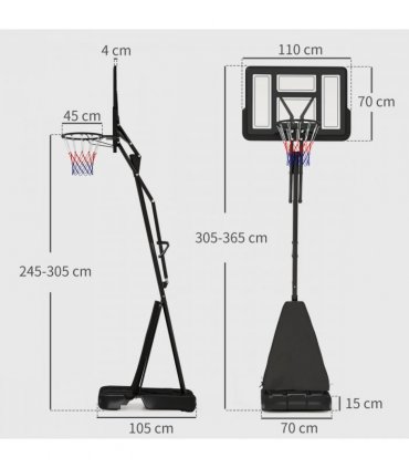 SPORTNOW 2.45-3.05m Portable Basketball Hoop and Stand with Wheels, Black