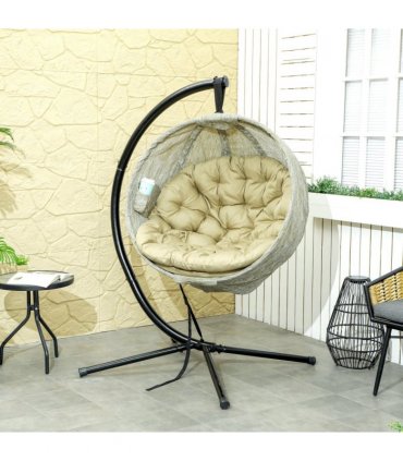 Outsunny Hanging Egg Chair Outdoor Indoor Swing Chair, Folding Basket, Khaki