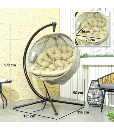 Outsunny Hanging Egg Chair Outdoor Indoor Swing Chair, Folding Basket, Khaki