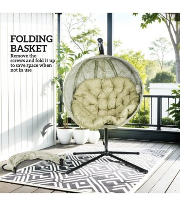 Outsunny Hanging Egg Chair Outdoor Indoor Swing Chair, Folding Basket, Khaki