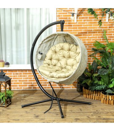Outsunny Hanging Egg Chair Outdoor Indoor Swing Chair, Folding Basket, Khaki