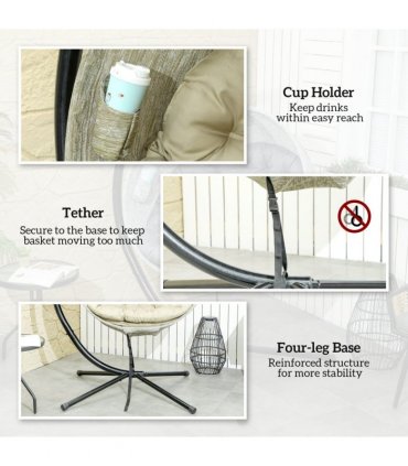 Outsunny Hanging Egg Chair Outdoor Indoor Swing Chair, Folding Basket, Khaki