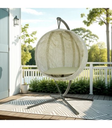 Outsunny Hanging Egg Chair Outdoor Indoor Swing Chair, Folding Basket, Khaki