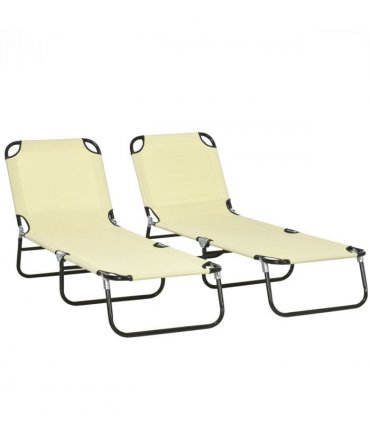 Outsunny Folding Sun Loungers Set of 2 with Adjustable Backrest, Beige