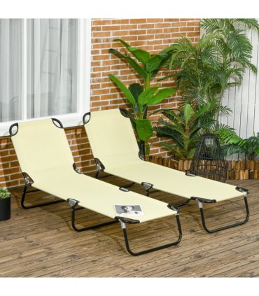 Outsunny Folding Sun Loungers Set of 2 with Adjustable Backrest, Beige