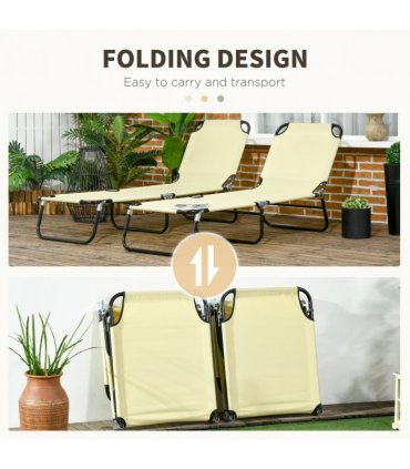 Outsunny Folding Sun Loungers Set of 2 with Adjustable Backrest, Beige
