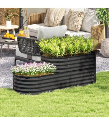 Outsunny 2-Tier Galvanised Raised Garden Bed with Safety Edging, Dark Grey
