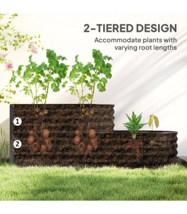 Outsunny 2-Tier Galvanised Raised Garden Bed with Safety Edging, Dark Grey