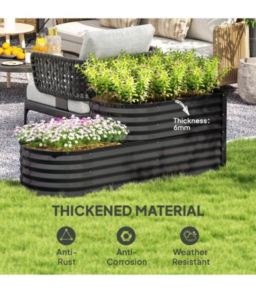 Outsunny 2-Tier Galvanised Raised Garden Bed with Safety Edging, Dark Grey