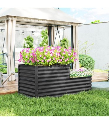 Outsunny 2-Tier Galvanised Raised Garden Bed with Safety Edging, Dark Grey