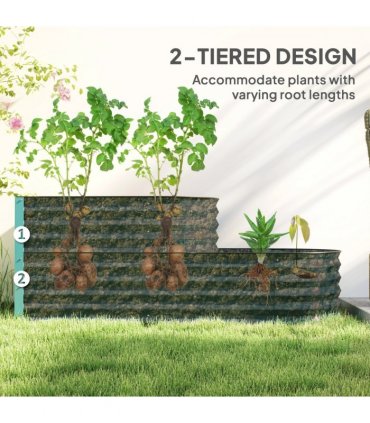 Outsunny 2-Tier Galvanised Raised Garden Bed with Safety Edging, Dark Green