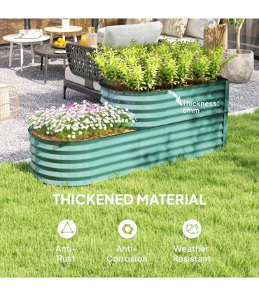 Outsunny 2-Tier Galvanised Raised Garden Bed with Safety Edging, Dark Green