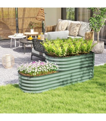 Outsunny 2-Tier Galvanised Raised Garden Bed with Safety Edging Light Green