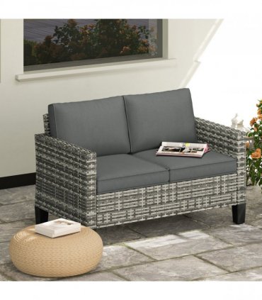 Outsunny Rattan Sofa with Cushions, 2 Seater Garden Furniture, Light Grey