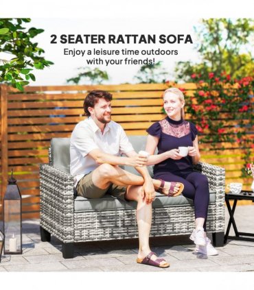 Outsunny Rattan Sofa with Cushions, 2 Seater Garden Furniture, Light Grey