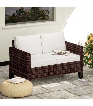 Outsunny Rattan Sofa with Cushions, 2 Seater Garden Furniture, Brown
