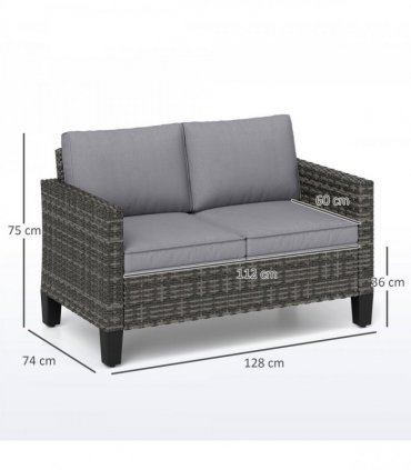 Outsunny Rattan Sofa with Cushions, 2 Seater Garden Furniture, Dark Grey