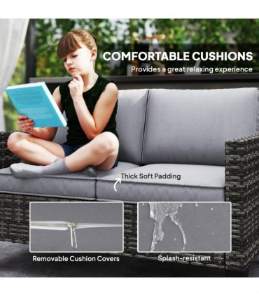 Outsunny Rattan Sofa with Cushions, 2 Seater Garden Furniture, Dark Grey