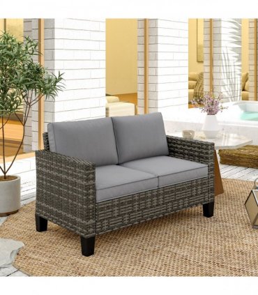Outsunny Rattan Sofa with Cushions, 2 Seater Garden Furniture, Dark Grey