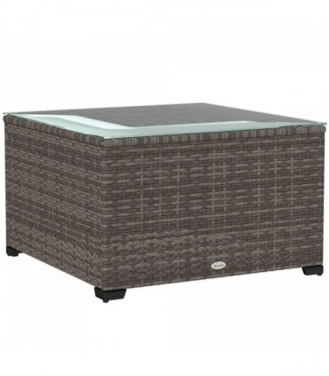 Outsunny Outdoor Coffee Table with Glass Top, Rattan Side Table, Black