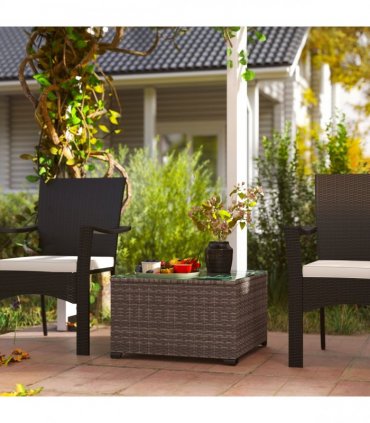 Outsunny Outdoor Coffee Table with Glass Top, Rattan Side Table, Black