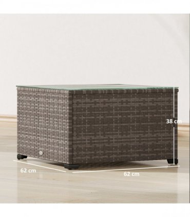 Outsunny Outdoor Coffee Table with Glass Top, Rattan Side Table, Black