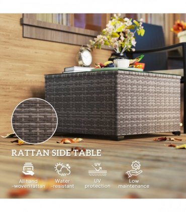 Outsunny Outdoor Coffee Table with Glass Top, Rattan Side Table, Black
