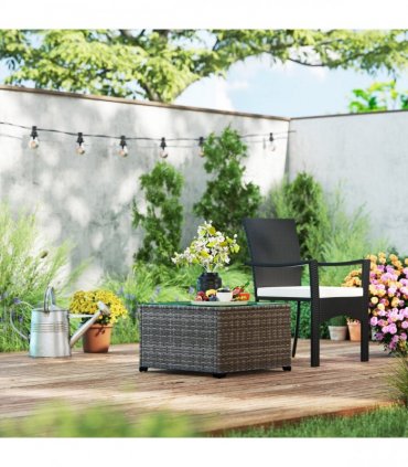 Outsunny Outdoor Coffee Table with Glass Top, Rattan Side Table, Black
