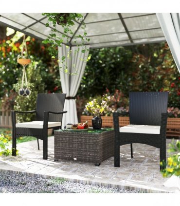 Outsunny Outdoor Coffee Table with Glass Top, Rattan Side Table, Black