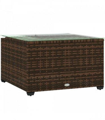 Outsunny Outdoor Coffee Table with Glass Top, Rattan Side Table, Brown