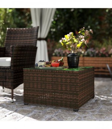 Outsunny Outdoor Coffee Table with Glass Top, Rattan Side Table, Brown