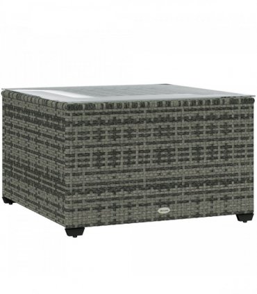 Outsunny Outdoor Coffee Table with Glass Top, Rattan Side Table, Light Grey