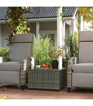 Outsunny Outdoor Coffee Table with Glass Top, Rattan Side Table, Light Grey