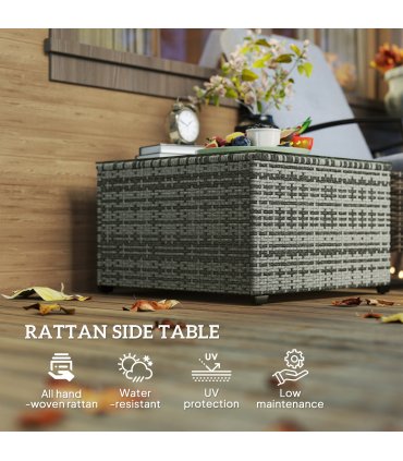 Outsunny Outdoor Coffee Table with Glass Top, Rattan Side Table, Light Grey