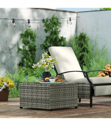 Outsunny Outdoor Coffee Table with Glass Top, Rattan Side Table, Light Grey