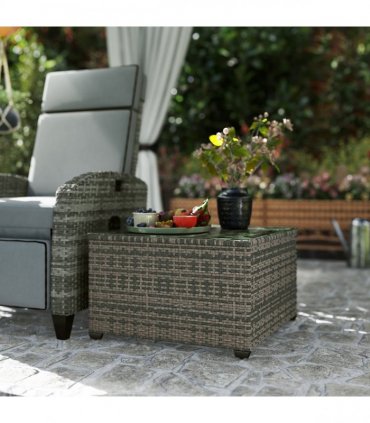 Outsunny Outdoor Coffee Table with Glass Top, Rattan Side Table, Light Grey