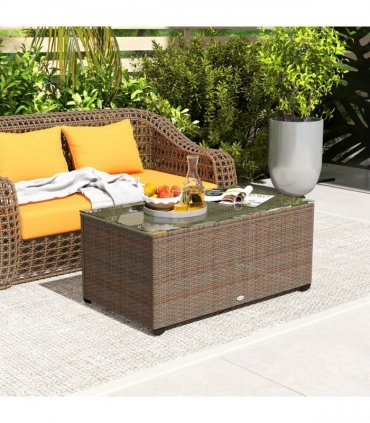 Outsunny Outdoor Coffee Table, Glass Top Rattan Side Table, Brown