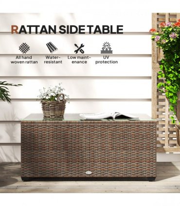 Outsunny Outdoor Coffee Table, Glass Top Rattan Side Table, Brown