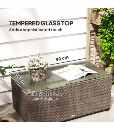 Outsunny Outdoor Coffee Table, Glass Top Rattan Side Table, Brown