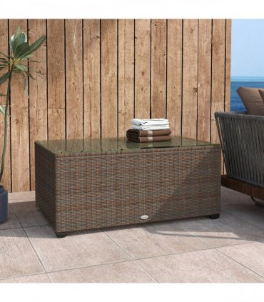 Outsunny Outdoor Coffee Table, Glass Top Rattan Side Table, Brown