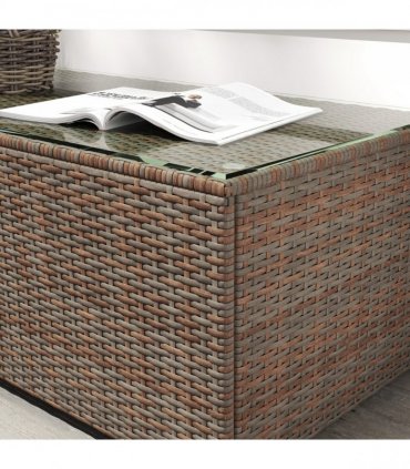 Outsunny Outdoor Coffee Table, Glass Top Rattan Side Table, Brown