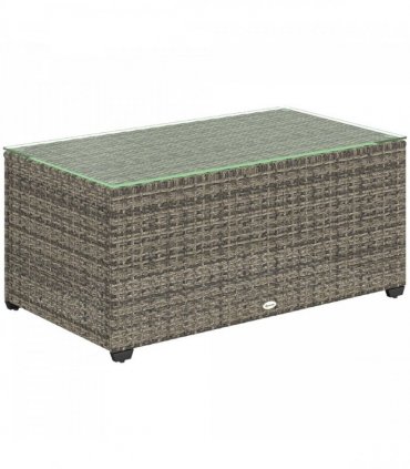 Outsunny Outdoor Coffee Table, Glass Top Rattan Side Table, Dark Grey