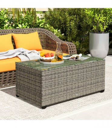 Outsunny Outdoor Coffee Table, Glass Top Rattan Side Table, Dark Grey