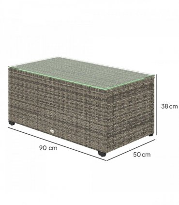 Outsunny Outdoor Coffee Table, Glass Top Rattan Side Table, Dark Grey
