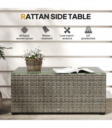 Outsunny Outdoor Coffee Table, Glass Top Rattan Side Table, Dark Grey