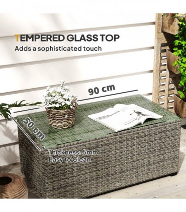 Outsunny Outdoor Coffee Table, Glass Top Rattan Side Table, Dark Grey